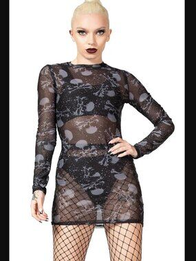 NWT Killstar Goth Punk Mesh Bodycon Dress - Clown Tears Skull Bones